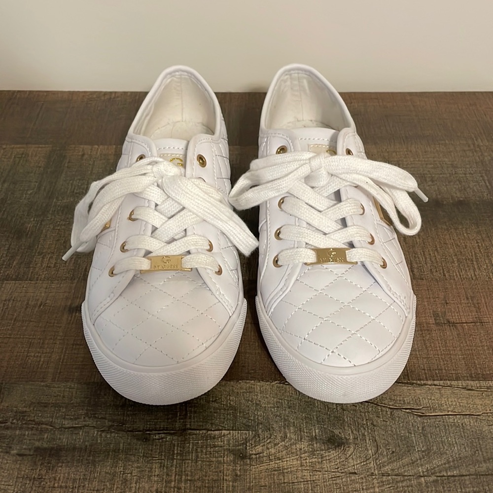 White and gold quilted leather sneakers by G by Guess, size 8.5